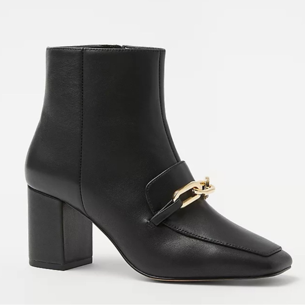 Chain Block Heel Leather Booties by Ann Taylor